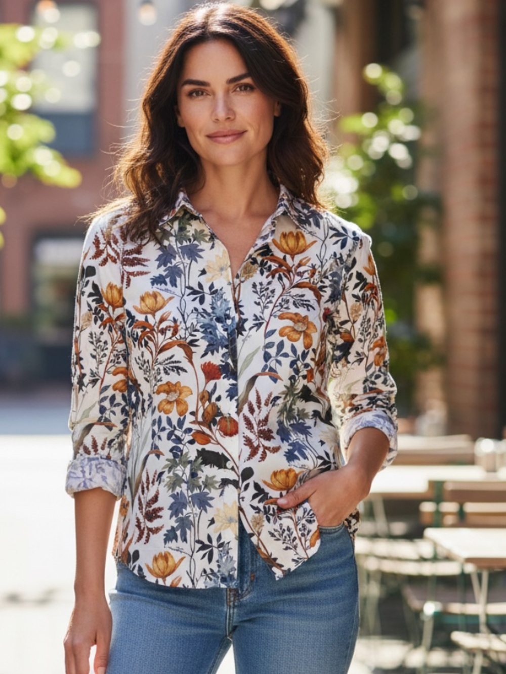 Chico's Cream Floral Button-Down with Burnt Orange & Navy Accents